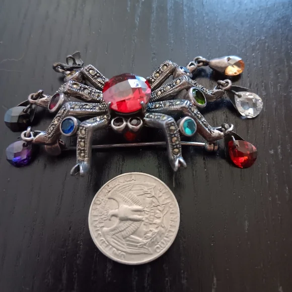 Sterling Silver Marcasite Multicolor Crystal Spider Brooch Vintage Whimsigoth
